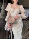 Elegant Puff Sleeve Midi Corset Maxi Prom Dresses Evening Birthday Outfits HZ1022