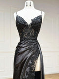 V Neck Satin Lace Long Prom Dress, Lace Long Evening Dress Birthday Outfits HZ1022