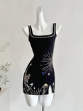 Fantasy Black Embroidered Slim Square Neck Short Birthday Dress Homecoming Dress HZ1022