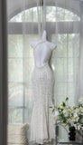 Shinying White Mermaid Strapless Lace-up Back Sequin Chiffon Long Prom Dress Evening Dress HZ1022