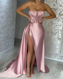 Dresses With Slit Satin Sleeveless Prom Dress Birthday Outfits HZ1022