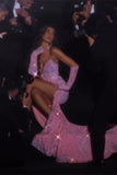 Gorgeous Pink Sleeveless Split Front Mermaid Prom Dress With Glitter Birthday Outfits HZ1022