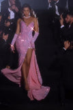 Gorgeous Pink Sleeveless Split Front Mermaid Prom Dress With Glitter Birthday Outfits HZ1022