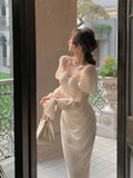 Elegant Puff Sleeve Midi Corset Maxi Prom Dresses Evening Birthday Outfits HZ1022