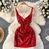 Sexy Spaghetti Straps Backless Short Sequin Dress Women Holiday Dress HZ1022