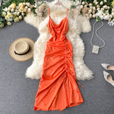 Sexy Spaghetti Straps Backless Silk Satin Dress Women Summer Holiday Dress HZ1022