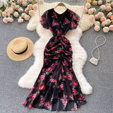 sexy mermaid v neckline floral dress women's dress HZ1022