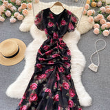 sexy mermaid v neckline floral dress women's dress HZ1022