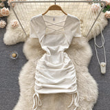 Hot Girl Slim Square Neck Dress Short Sleeve Sexy Drawstring Tight Short Dress HZ1022