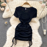 Hot Girl Slim Square Neck Dress Short Sleeve Sexy Drawstring Tight Short Dress HZ1022