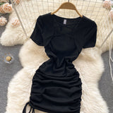 Hot Girl Slim Square Neck Dress Short Sleeve Sexy Drawstring Tight Short Dress HZ1022