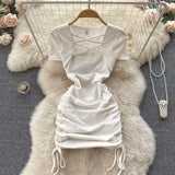 Hot Girl Slim Square Neck Dress Short Sleeve Sexy Drawstring Tight Short Dress HZ1022