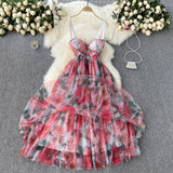 Sexy Spaghetti Straps Pink Floral Dress Summer Women Holiday Dress HZ1022