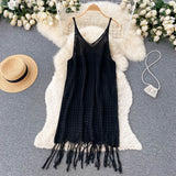 Sexy Spaghetti Straps Boho Resort Fringe Knit Dress Women Holiday Dress HZ1022