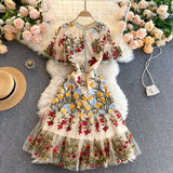 Vintage A line short sleeves floral dress women's dress HZ1022