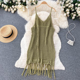 Sexy Spaghetti Straps Boho Resort Fringe Knit Dress Women Holiday Dress HZ1022