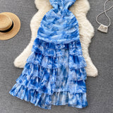 Cute Spaghetti Straps Long Blue Floral Dress Women Holiday Dress HZ1022