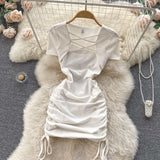 Hot Girl Slim Square Neck Dress Short Sleeve Sexy Drawstring Tight Short Dress HZ1022