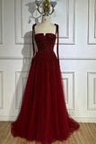 Burgundy Prom Dresses A line Straps Tulle Evening Dresses HZ1022