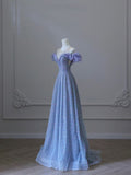 A line Off The Shoulder Blue Long Prom Dress Evening Dresses HZ1022