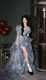 Elegant High Low Blue Floral Prom Dresses Long Formal Dress HZ1022