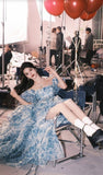 Elegant High Low Blue Floral Prom Dresses Long Formal Dress HZ1022