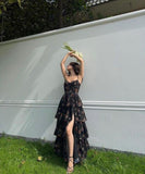 Beautiful Aline Spaghetti Strap Sleeveless Long Floral Black Prom Dress HZ1022
