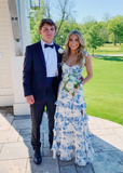 Sexy A line Long Blue Floral Prom Dress Blue and White Party Dresses HZ1022