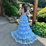 Cute A Line Off the Shoulder Blue Tulle Long Prom Dresses with Appliques HZ1022