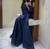 A line Strapless Royal Blue Long Prom Dress With Straps HZ1022
