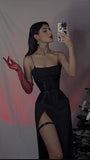 Sexy Sheath Spaghetti Straps Long Black Slit Prom Dresses HZ1022