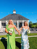 Sexy A line Long Blue Floral Prom Dress Blue and White Party Dresses HZ1022
