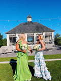 Sexy A line Long Blue Floral Prom Dress Blue and White Party Dresses HZ1022