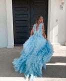 Sky Blue New Style Long Prom Dress Puffy Sleeveless Party Dresses HZ1022