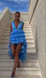 Sexy High Low V neckline Blue Prom Dress Tulle Party Dresses HZ1022