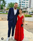 Simple A line Spaghetti Straps Red Tulle Long Prom Dress HZ1022