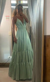 Simple A line Straps Mint Green Long Prom Dress HZ1022