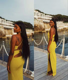 Simple Sheath Halter Slit Yellow Long Prom Dress HZ1022