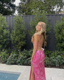 Sexy Sheath Spaghetti Straps Floral Pink Long Backless Prom Dress HZ1022