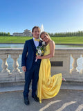 Sexy A line Spaghetti Straps Yellow Floor Length Prom Dress HZ1022
