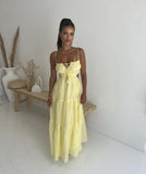 Sexy A line Spaghetti Straps Yellow Floor Length Chiffon Prom Dress HZ1022