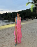 Sexy A line Halter Ruffles Floor Length Chiffon Pink Slit Prom Dress HZ1022