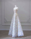 Elegant A line Strapless Floral Long Prom Dress HZ1022