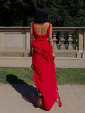 Sexy Red Chiffon Prom Dress Long Ruffle Party Dress HZ1022