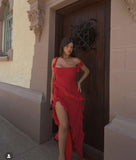 Sexy Red Chiffon Prom Dress Long Ruffle Party Dress HZ1022