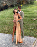 Sexy One Shoulder Satin Side Slit Long Evening Prom Dresses HZ1022