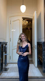 Sexy Sheath Sleeveless Party Dress Navy Blue Silk Satin Prom Dress HZ1022