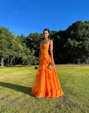 A Line Orange Long Prom Dresses V Neck Formal Dress Outfits HZ1022