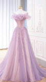Fairy Ball Gown Off The Shoulder Lilac Tulle Prom Dresses Long Party Dress HZ1022