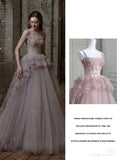 Fairy Ball Gown Straps Pink Tulle Prom Dresses Long Party Dress HZ1022